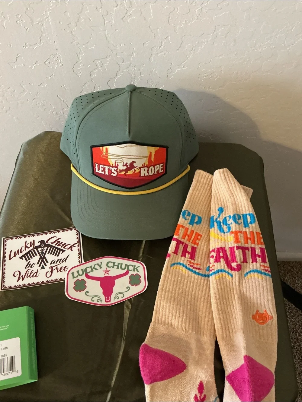 Bundle of “Lucky Chuck” Cap, Socks, & Stickers